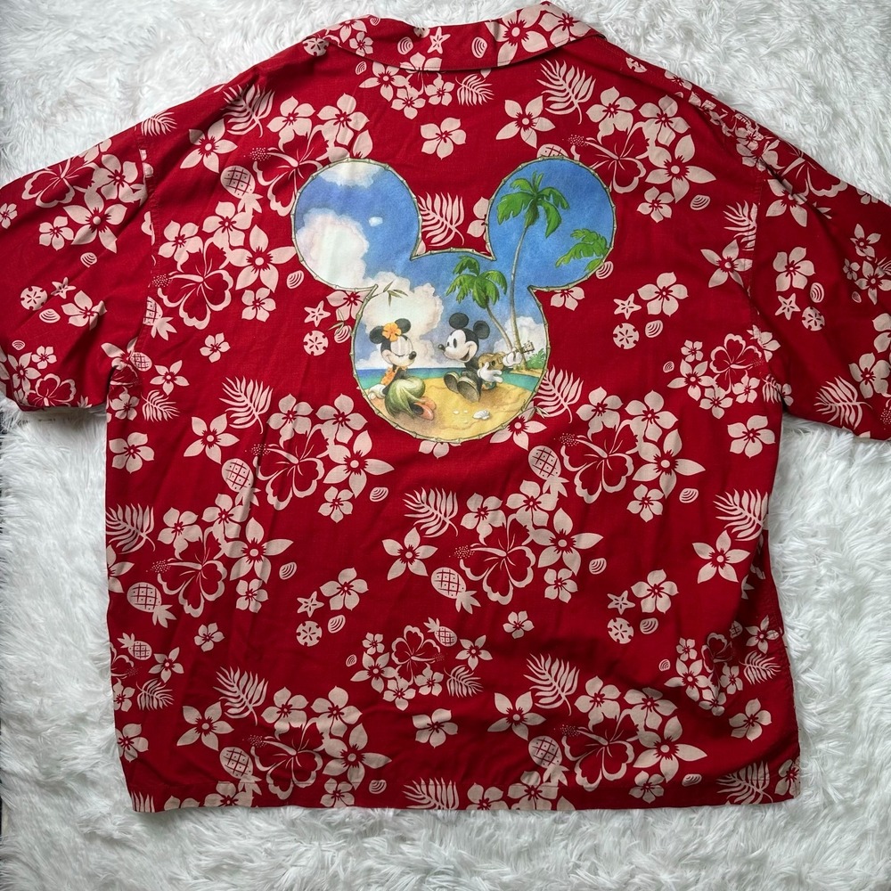 Disney Store Mickey Minnie Hawaiian Aloha Shirt Mens XL Red Floral Beach Camp